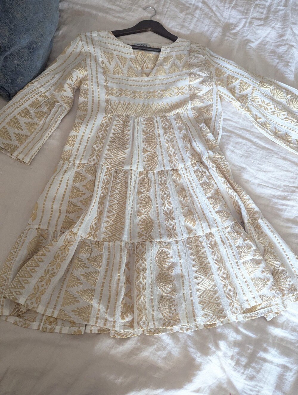 GRAND GREECE White Gold Embroidered Linen Boho Tiered Mini Dress M Luxury Resort